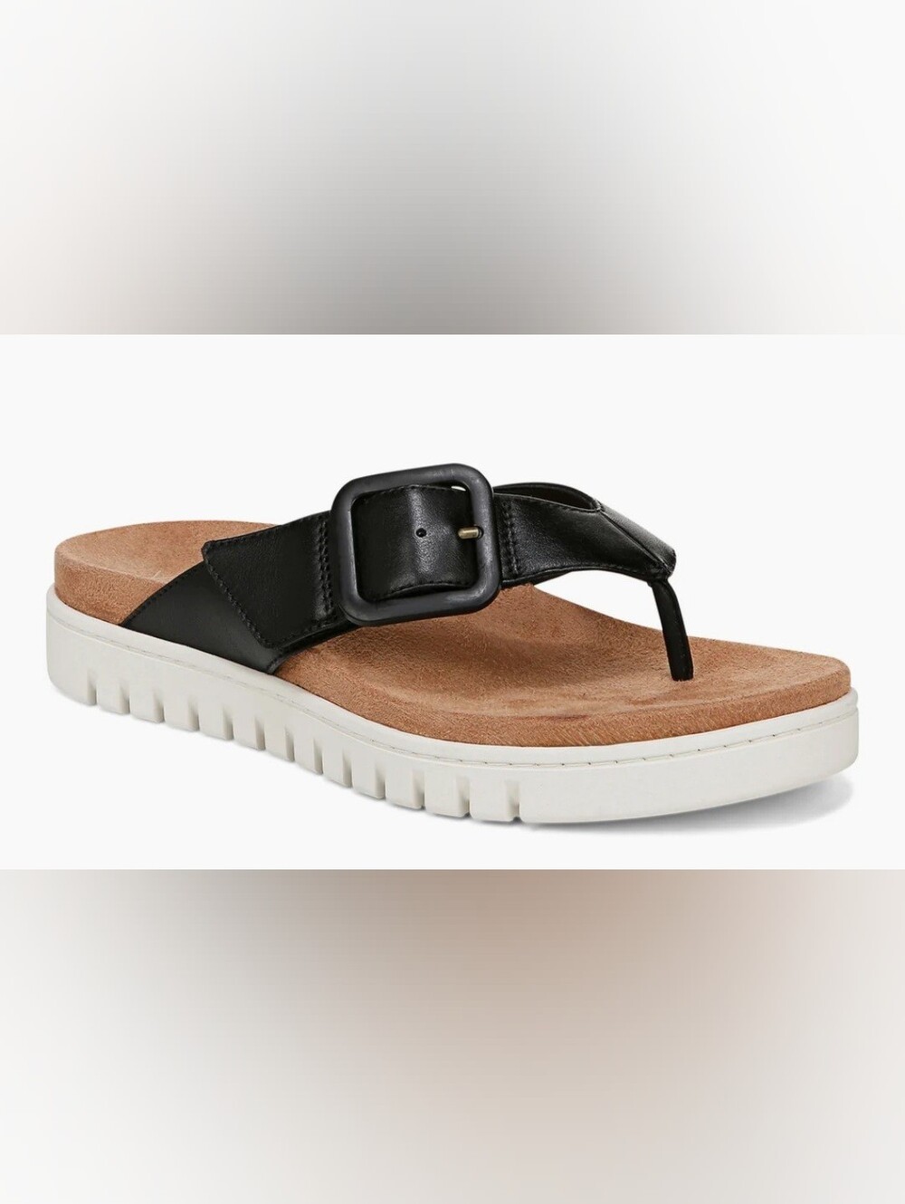 Vionic Black Leather Buckle Toe-Post Sandal with White Sole